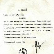 9 Giugno 1960 - Dichiarazione del Comune di Pietrasanta dell’informativa ricevuta da Martinelli (25 gennaio 1948), dell’avvenuta ricostituzione della Sezione U.O.E.I.
